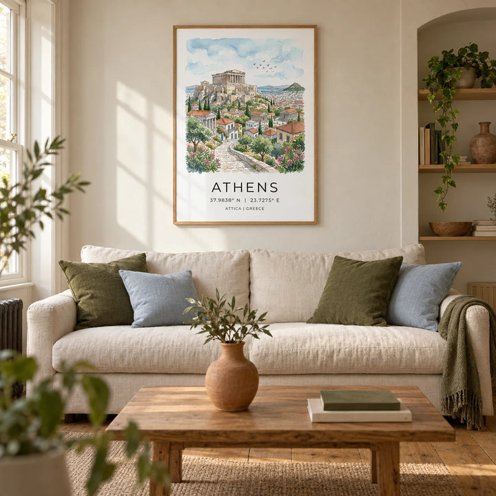 Athens Art Print, framed on the wall of a warm living room in a UK Victorian terrace with ivory limewashed walls