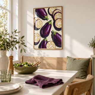 Aubergines Art Print, framed on the wall of a bright kitchen-diner