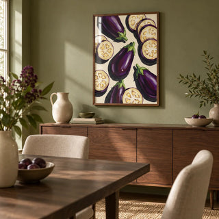Aubergines Art Print, framed on the wall of a calm dining room with a soft olive green painted wall