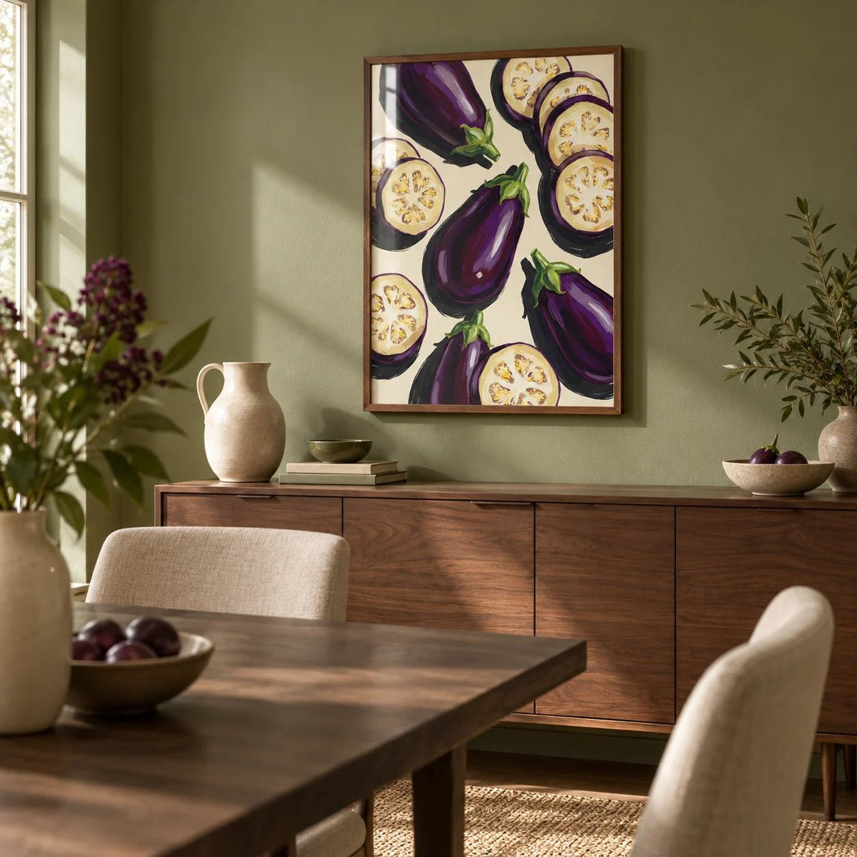 Aubergines Art Print, framed on the wall of a calm dining room with a soft olive green painted wall