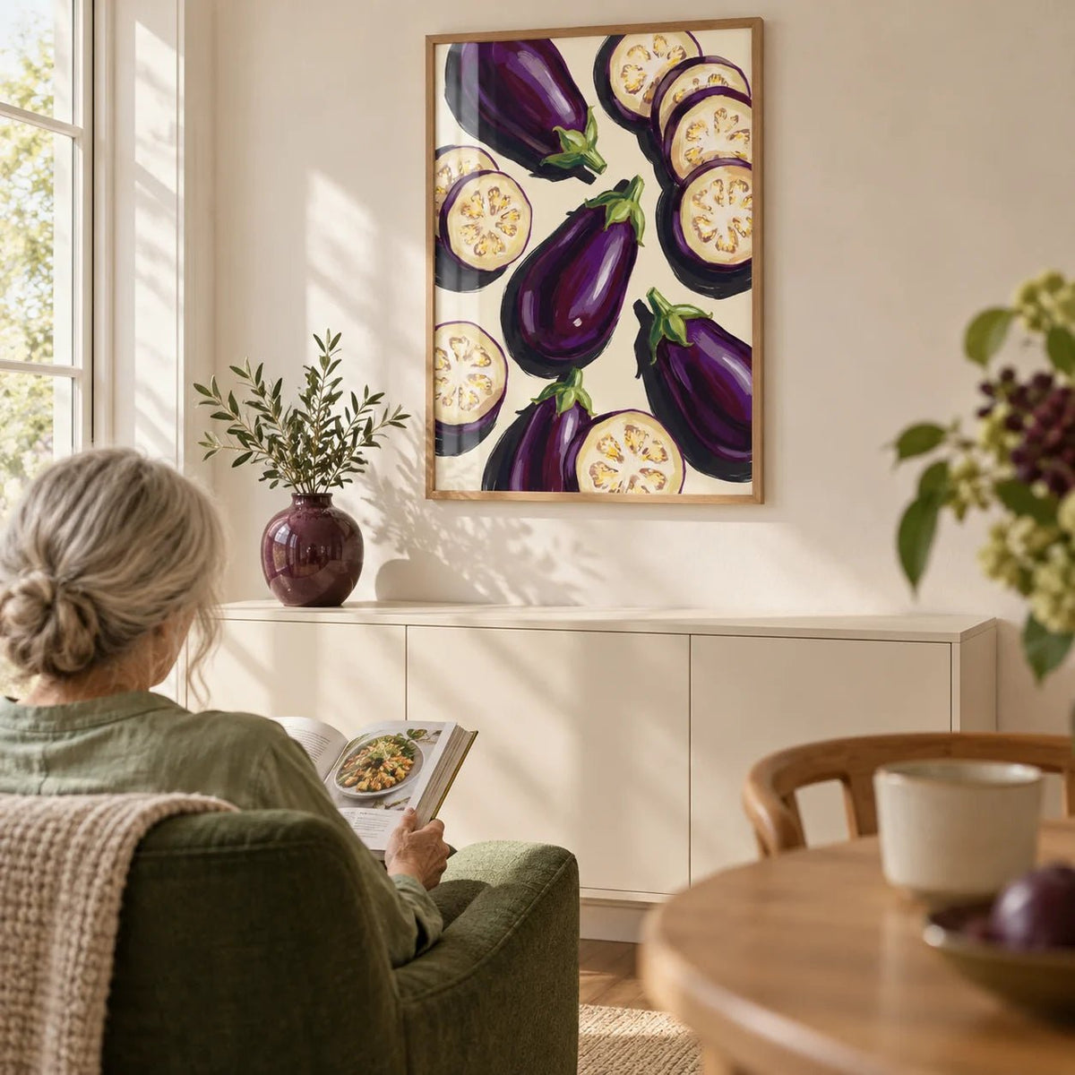 Aubergines Art Print, framed on the wall of a the dining corner of a calm living room