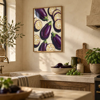 Aubergines Art Print, framed on the wall of a Mediterranean-style kitchen with warm limewashed walls