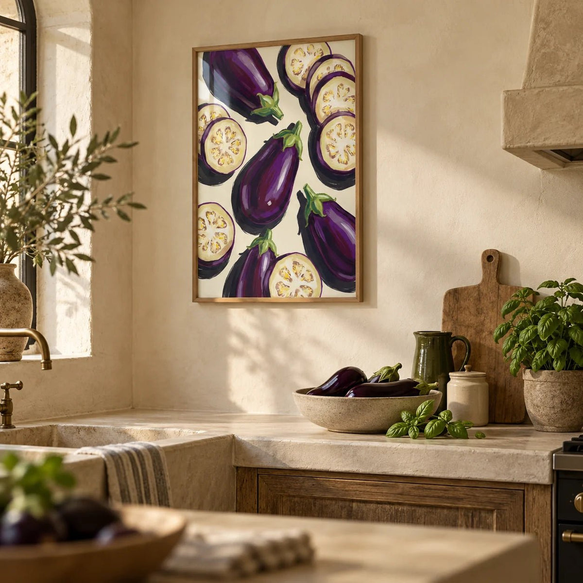 Aubergines Art Print, framed on the wall of a Mediterranean-style kitchen with warm limewashed walls