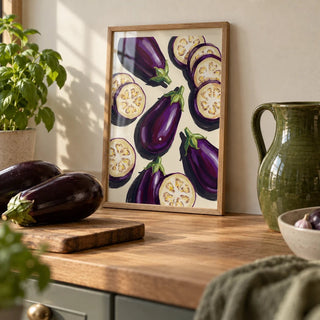 Aubergines Art Print, a small A4 framed print leaning on a wooden worktop in a kitchen