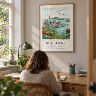 Auckland City Art Print, framed on the wall of a quiet home study in a UK flat with a pale warm grey wall and a window overlooking a small garden