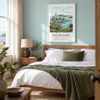 Auckland City Art Print, framed on the wall of a restful bedroom in a UK coastal town house with a pale aqua painted wall and natural wood floorboards