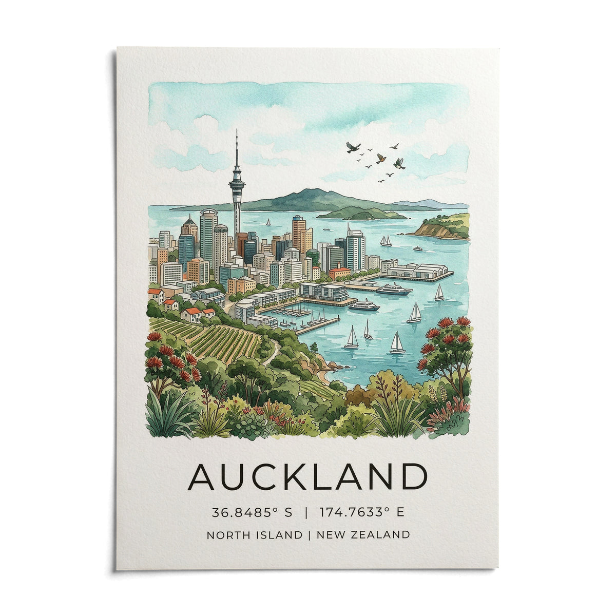 Auckland City Art Print, shown as an unframed paper print on a plain white background