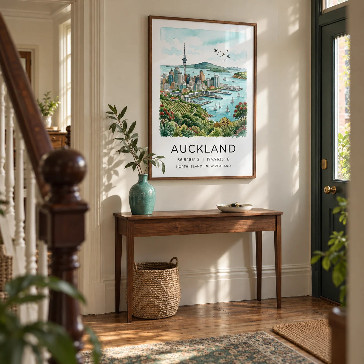 Auckland City Art Print, framed on the wall of a welcoming hallway in a Victorian UK terrace with a soft ivory wall and restored wooden floorboards