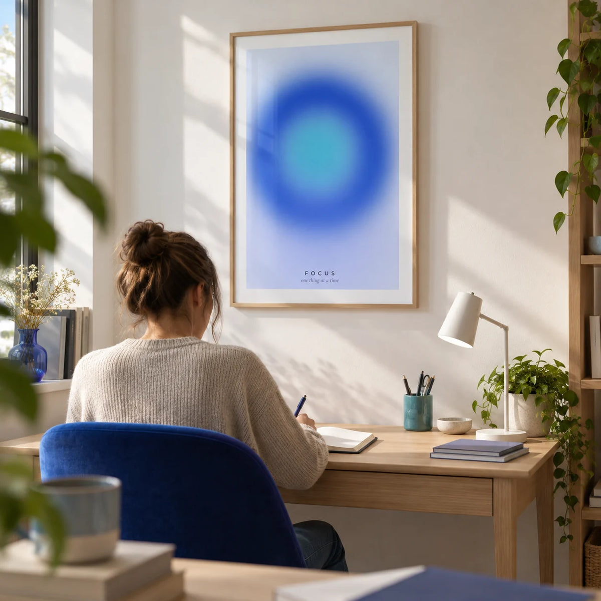 Aura Poster, framed on the wall of a quiet home study for a young professional (25-35) with a soft white wall and a pale oak desk