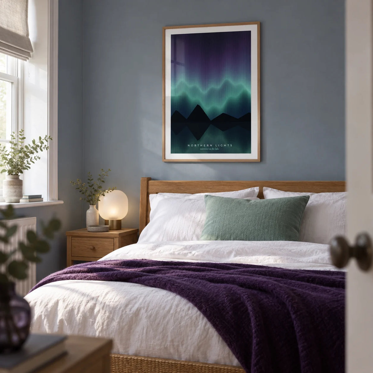 Aurora Borealis Print, framed on the wall of a calm main bedroom in a UK terraced house with a muted blue-grey wall