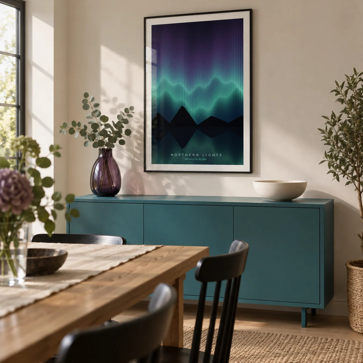Aurora Borealis Print, framed on the wall of a modern dining room in a UK home with a warm white wall and a low turquoise painted sideboard