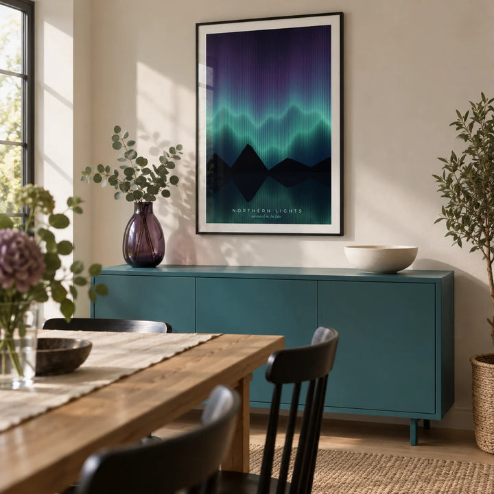 Aurora Borealis Print, framed on the wall of a modern dining room in a UK home with a warm white wall and a low turquoise painted sideboard