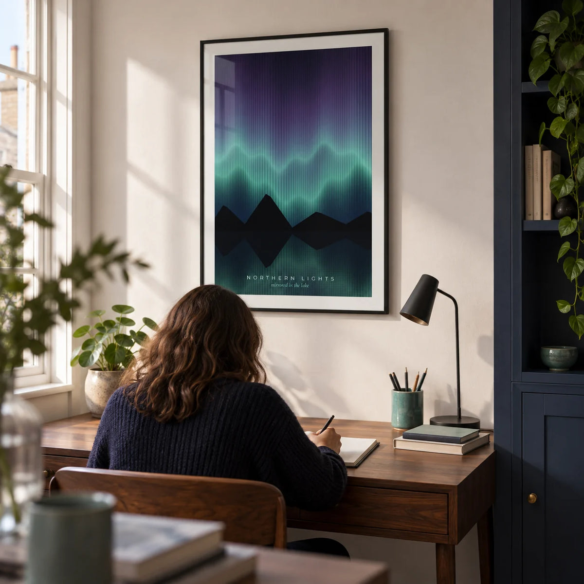 Aurora Borealis Print, framed on the wall of a quiet home study in a UK flat with a soft white wall and a navy built-in cupboard