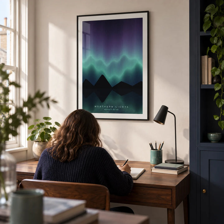 Aurora Borealis Print, framed on the wall of a quiet home study in a UK flat with a soft white wall and a navy built-in cupboard