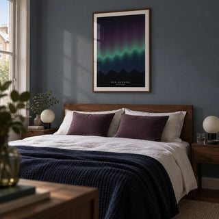 Aurora Print, framed on the wall of a restful adult bedroom in a modern UK terraced house with a muted blue-grey wall
