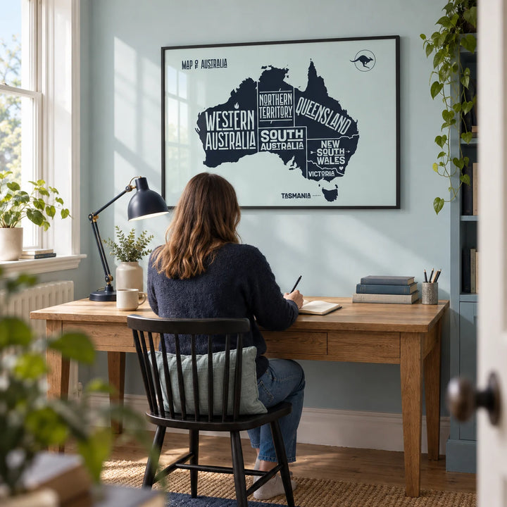 Australia Map Print, framed on the wall of a bright home study in a UK terraced house with a pale duck egg blue wall
