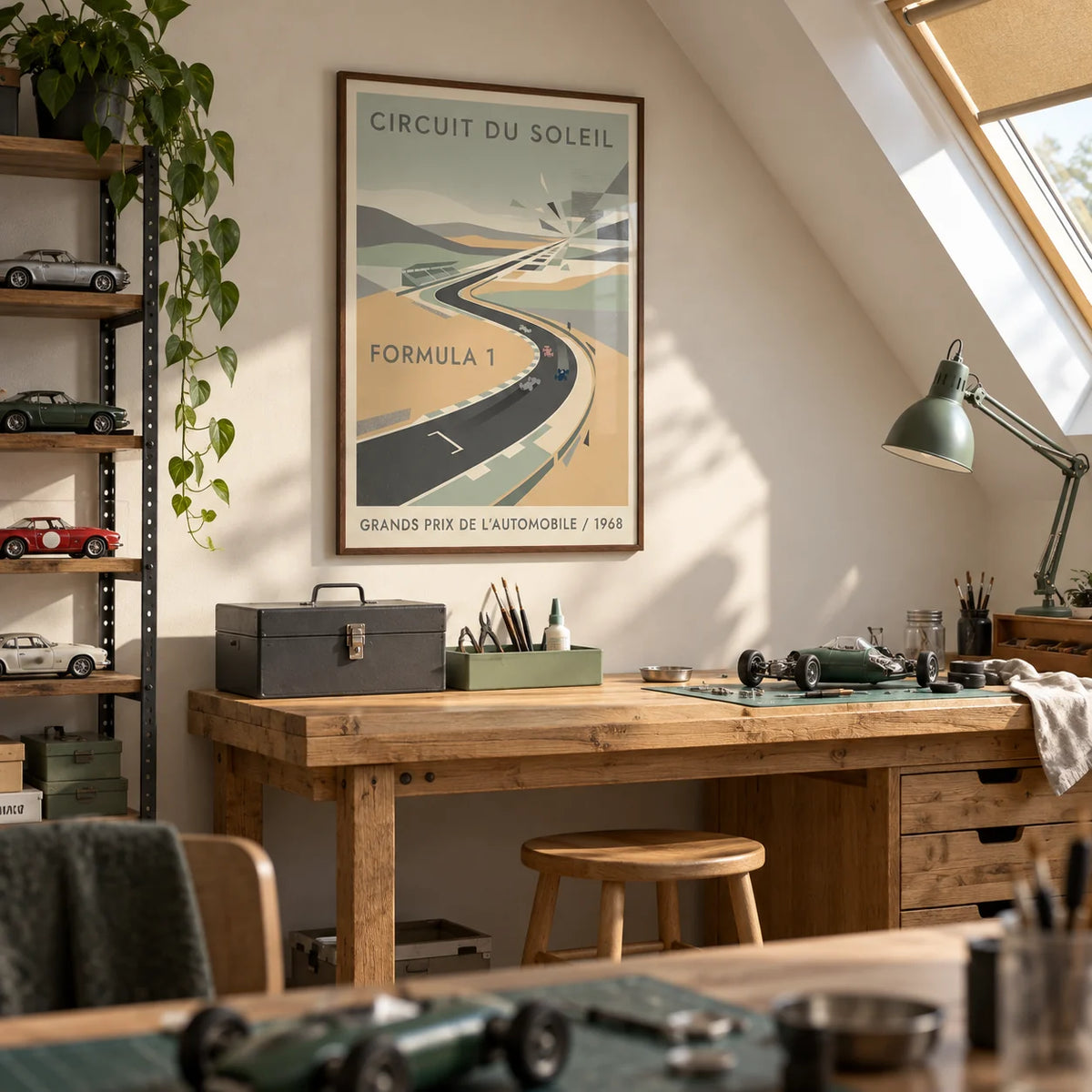 Automobile Circuit Poster, framed on the wall of a bright loft hobby room for an adult model-car enthusiast
