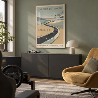 Automobile Circuit Poster, framed on the wall of a compact adult games snug in a UK semi-detached house in a living room