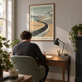 Automobile Circuit Poster, framed on the wall of a compact home study in a Victorian terrace with a pale grey wall and a walnut desk
