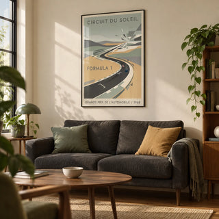 Automobile Circuit Poster, framed on the wall of a modest first-flat living room for a motorsport fan (22-28)
