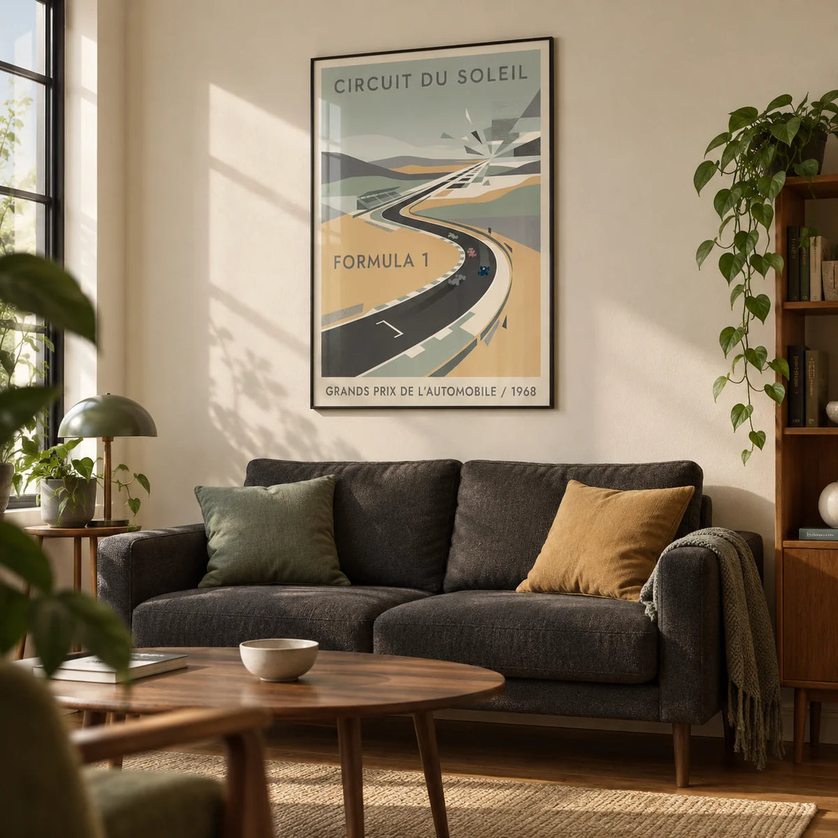 Automobile Circuit Poster, framed on the wall of a modest first-flat living room for a motorsport fan (22-28)