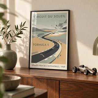 Automobile Circuit Poster, a small A4 framed print leaning on a walnut sideboard in a living room