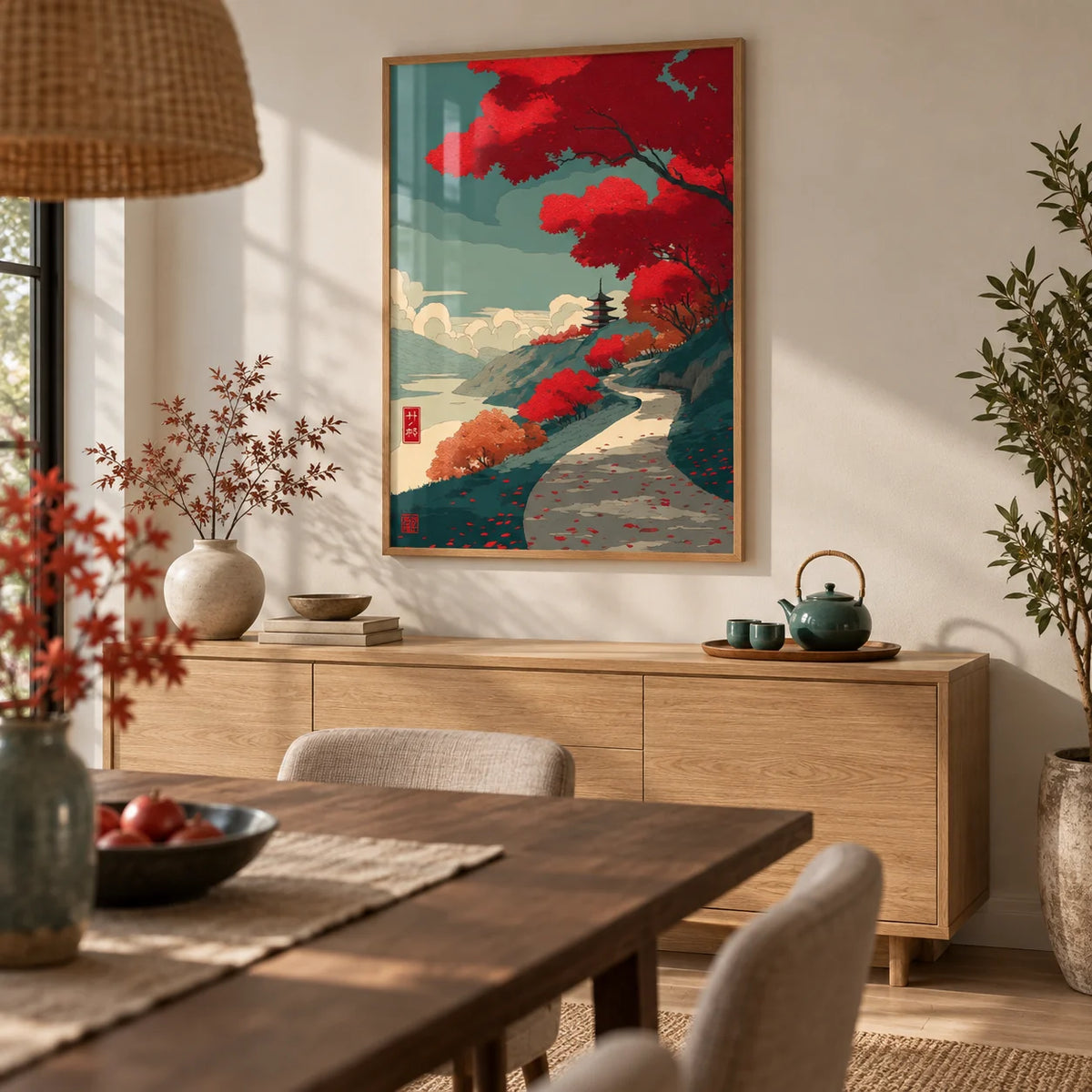 Autumn Forest Wall Art, framed on the wall of a calm dining room