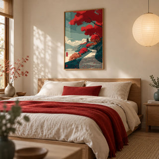 Autumn Forest Wall Art, framed on the wall of a calm Japandi bedroom