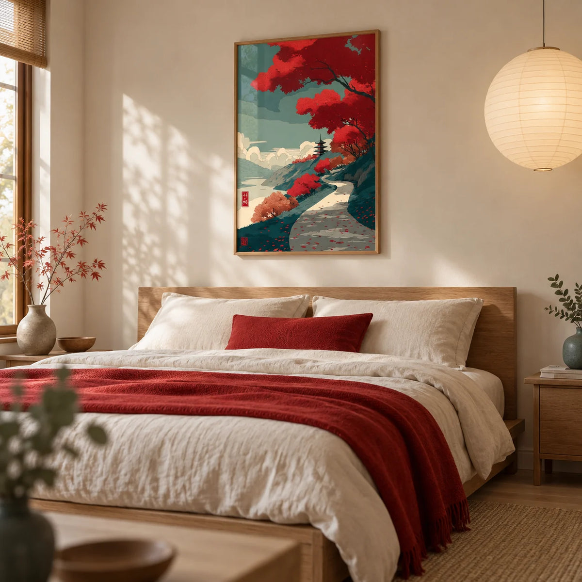 Autumn Forest Wall Art, framed on the wall of a calm Japandi bedroom