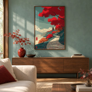 Autumn Forest Wall Art, framed on the wall of a calm Japanese-modern living room with a soft teal green limewashed wall