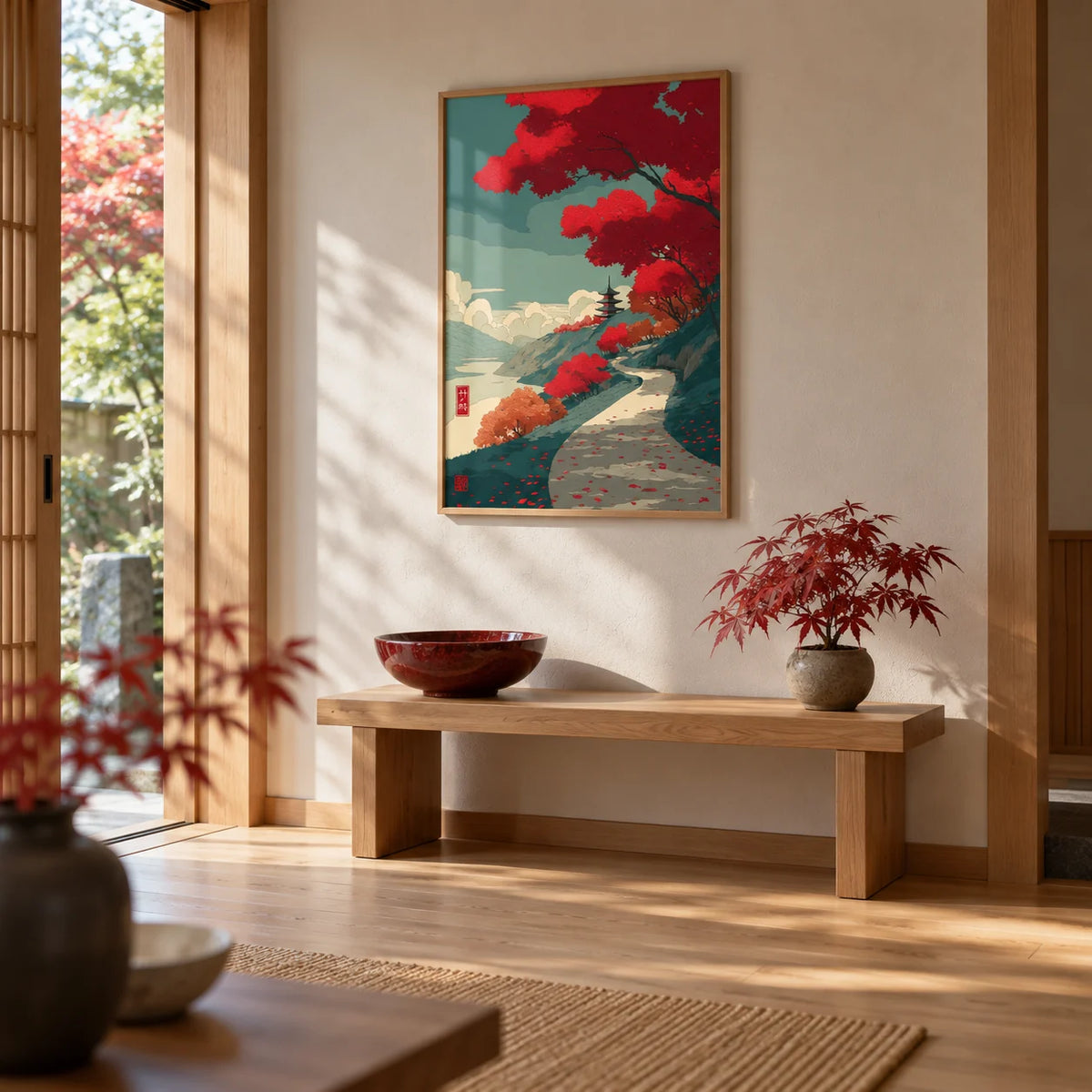 Autumn Forest Wall Art, framed on the wall of a Japanese-style entrance hall with a pale oak floor