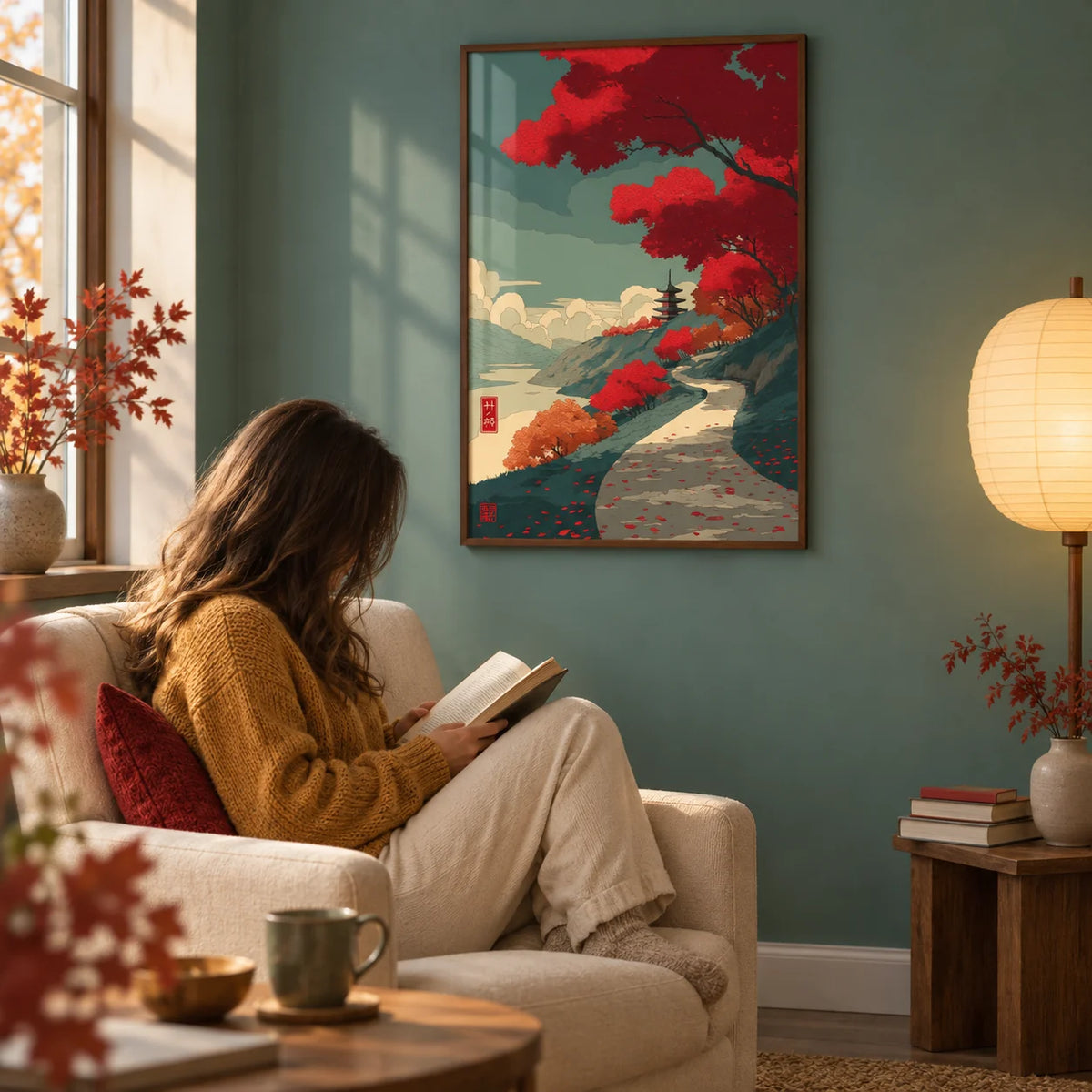 Autumn Forest Wall Art, framed on the wall of a reading corner with a soft teal wall in a living room