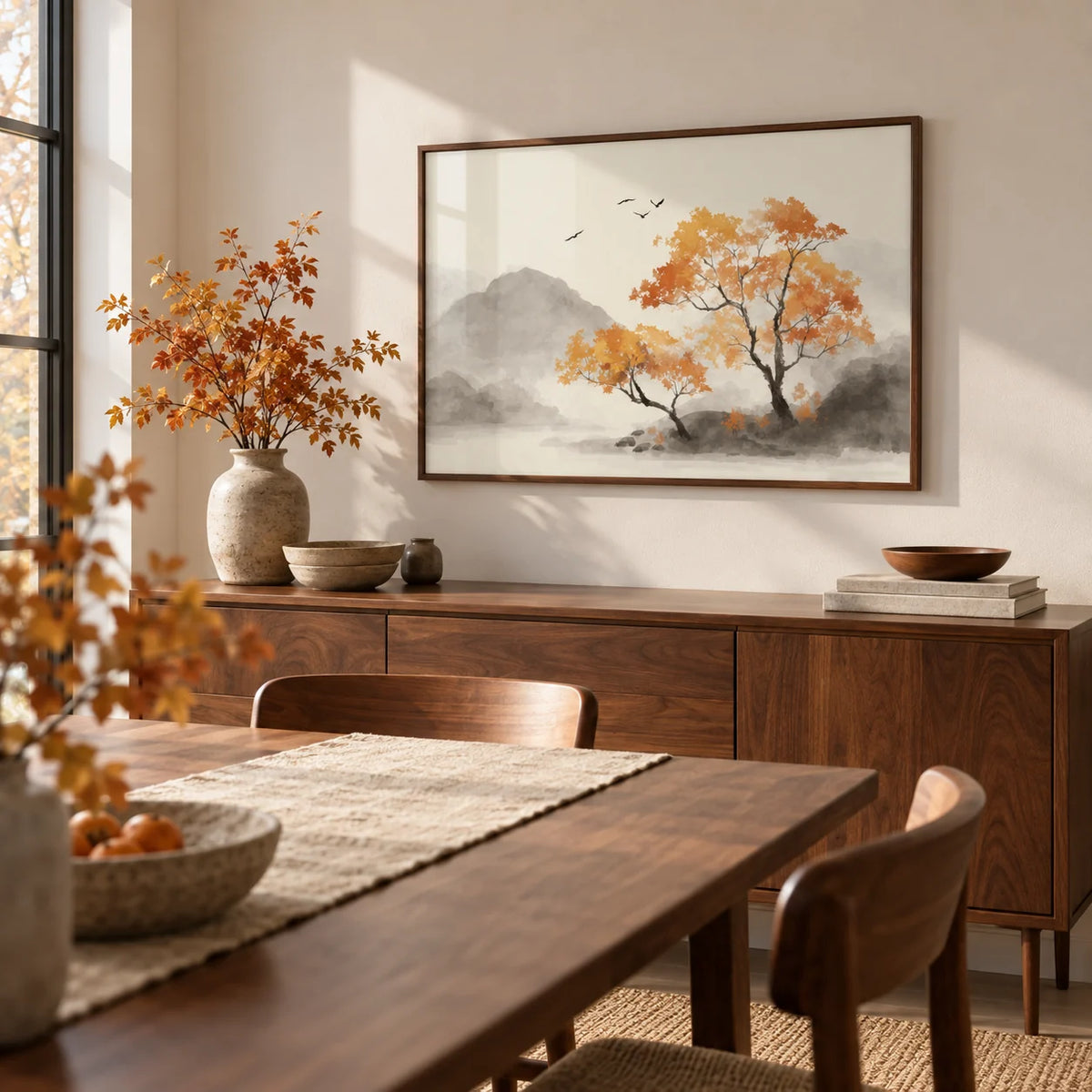 Autumn Tree Art Print, framed on the wall of a calm dining room