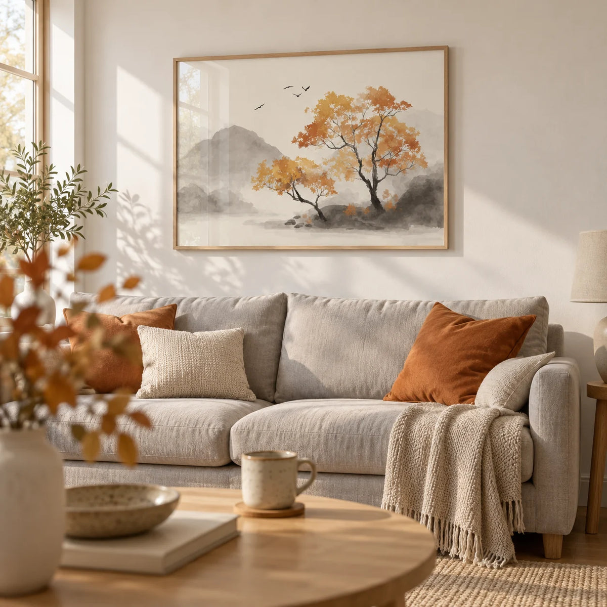 Autumn Tree Art Print, framed on the wall of a calm Scandinavian living room