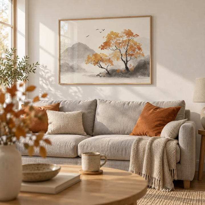 Autumn Tree Art Print, framed on the wall of a calm Scandinavian living room