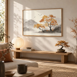 Autumn Tree Art Print, framed on the wall of a Japandi living room