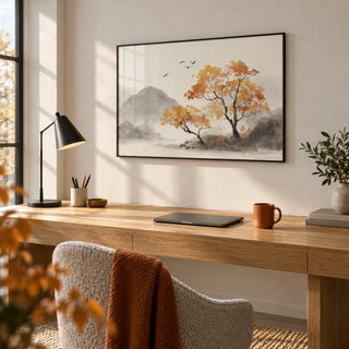 Autumn Tree Art Print, framed on the wall of a minimal home office