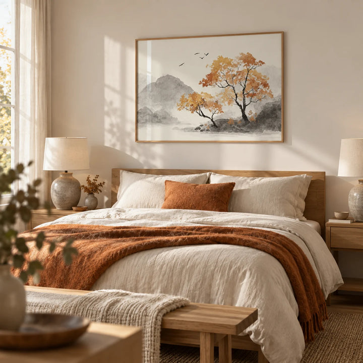 Autumn Tree Art Print, framed on the wall of a serene bedroom