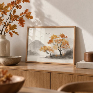 Autumn Tree Art Print, a small A4 framed print leaning on an oak sideboard in a living room