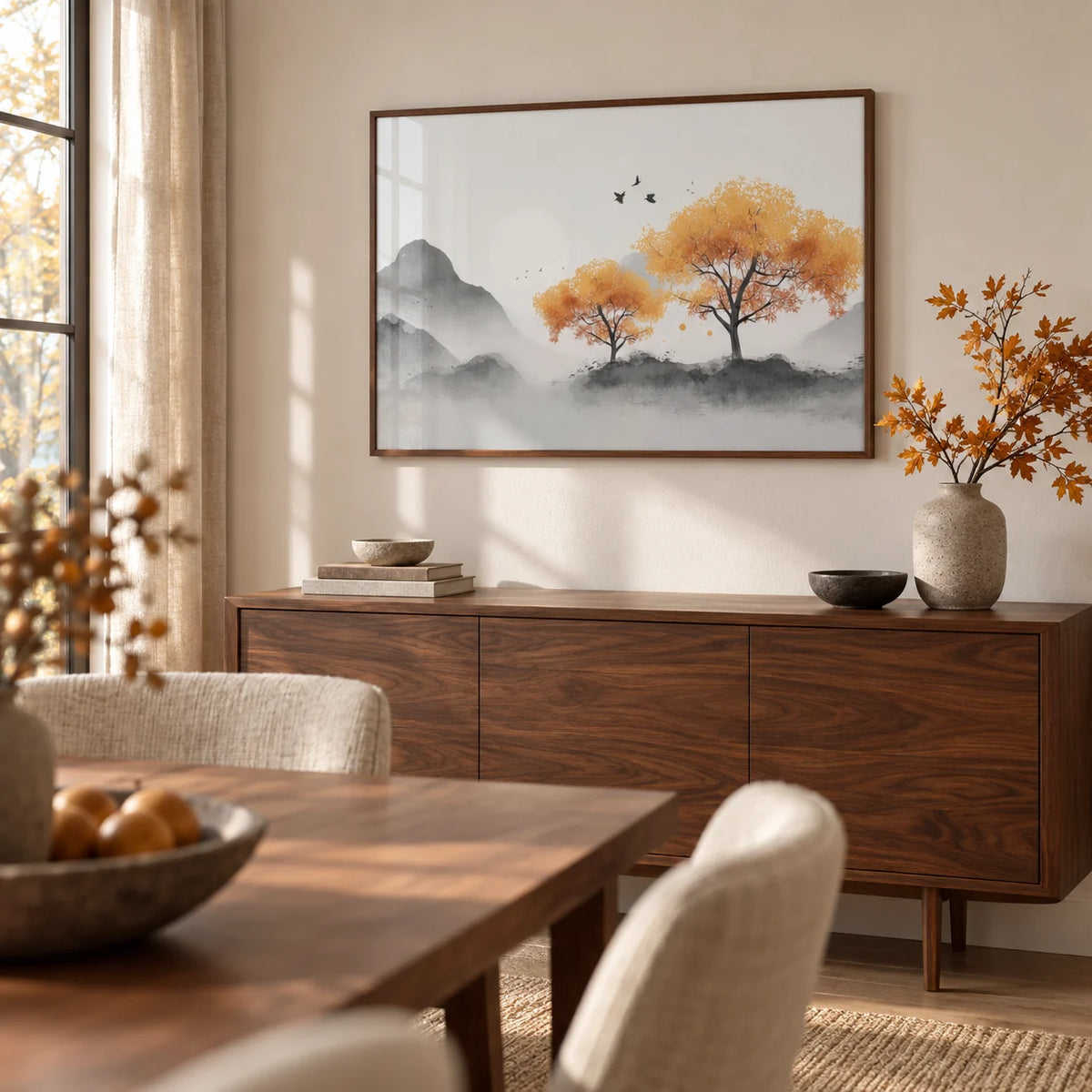 Autumn Tree Wall Art, framed on the wall of a calm dining room