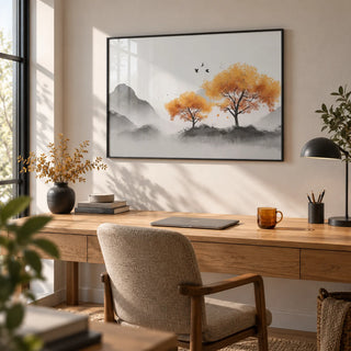 Autumn Tree Wall Art, framed on the wall of a quiet home office