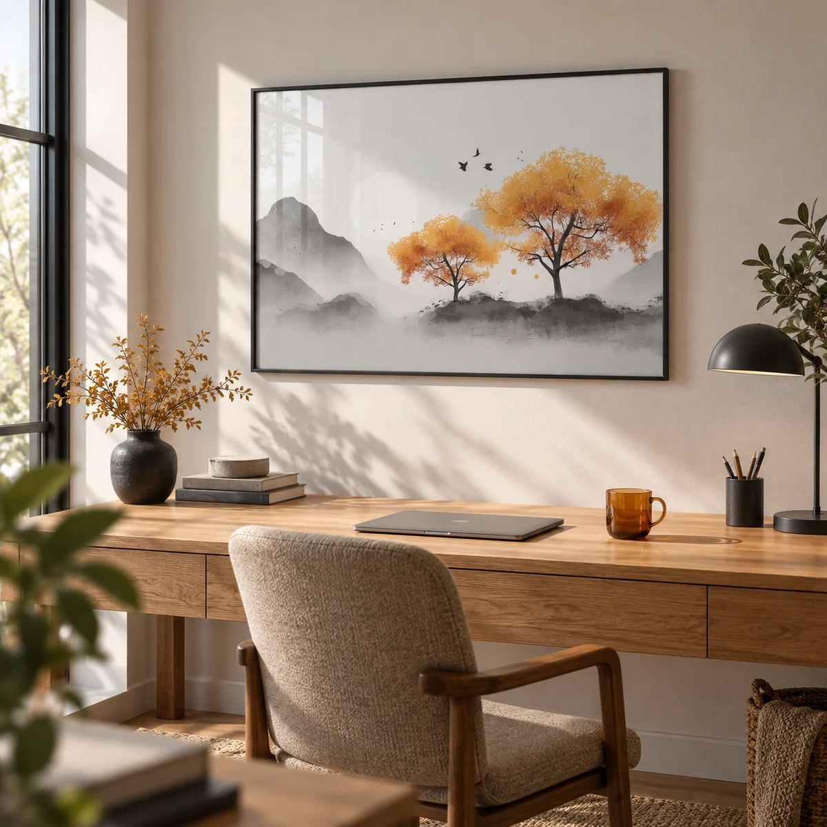 Autumn Tree Wall Art, framed on the wall of a quiet home office