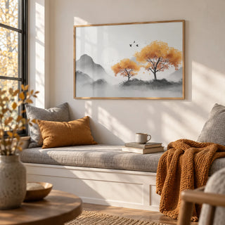 Autumn Tree Wall Art, framed on the wall of a reading nook by a window in a living room