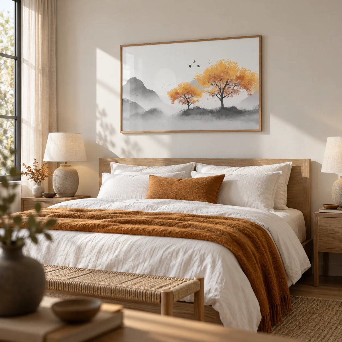 Autumn Tree Wall Art, framed on the wall of a serene bedroom