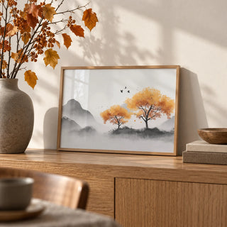 Autumn Tree Wall Art, a small A4 framed print leaning on an oak sideboard in a living room