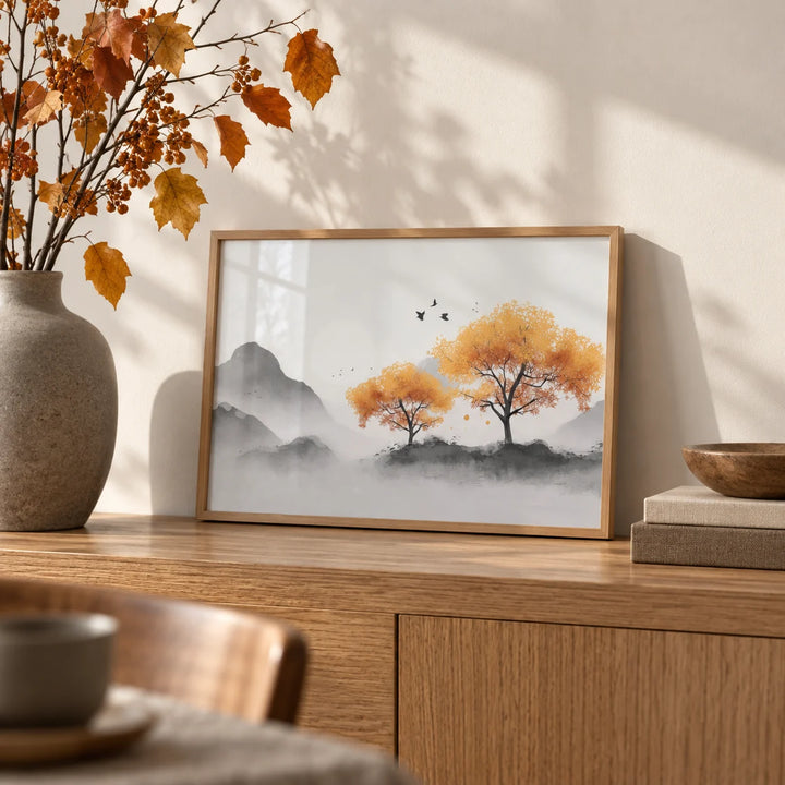 Autumn Tree Wall Art, a small A4 framed print leaning on an oak sideboard in a living room