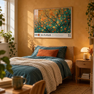 Autumn Wall Art, framed on the wall of a cosy single bedroom in a first flat (22-28) with an amber limewashed wall