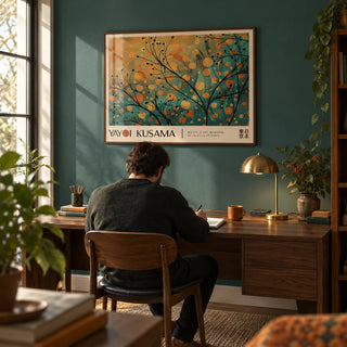 Autumn Wall Art, framed on the wall of a cosy study with a teal wall