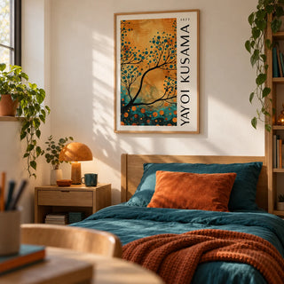 Autumn Wall Art for Living Room, framed on the wall of a cosy teen bedroom (13-17) with a warm white wall