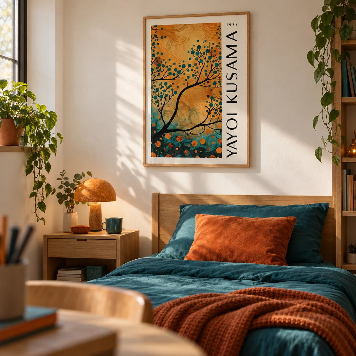 Autumn Wall Art for Living Room, framed on the wall of a cosy teen bedroom (13-17) with a warm white wall